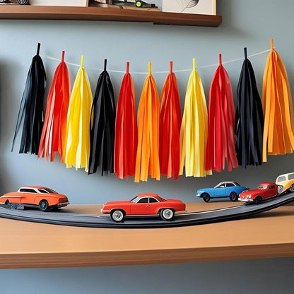 Fire Truck Tissue Tassel Garland - DIY Firefighter Birthday Party Decorations with 20 Pre-Cut Yellow Red Black Orange Paper Garland Banner, for Baby Shower,Race Car,Fire Truck Theme