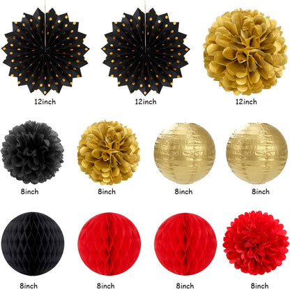 Red-Black Gold Casino-Theme Birthday Party-Decorations - 21pcs Happy Banner,Game Night Paper Lanterns,Tissue Pom Poms Flower Fan,Honeycomb Ball,Swirl Streamers Garland Supplies Women Men Decor Huglony
