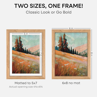 Homeforia 6x8 Picture Frame Natural Wood, High End Oak 6x8 Light Wooden Frames with Mat 5x7 for Photo, 6 x 8 Frame Matted to 5 x 7 Print, 8x6 Wall or Tabletop Frame, Tempered Glass, Wall Kit, Set of 1