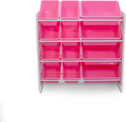 Humble Crew Kids Toy Storage Organizer with 12 Plastic Bins, White/Pink – Removable Bins for Playroom, Bedroom, Toddler Furniture for Boys and Girls Ages