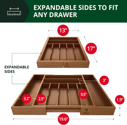ROYAL CRAFT WOOD Luxury Bamboo Kitchen Drawer Organizer - Silverware Organizer - Utensil Holder and Cutlery Tray with Grooved Drawer Dividers for Flatware and Kitchen Utensils (9 Slot, Brown Bamboo)