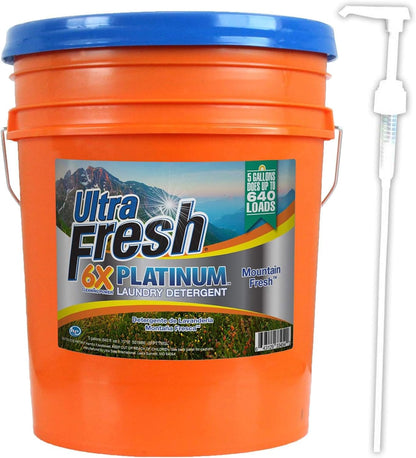 Ultra Fresh 5 Gallon Liquid Laundry Detergent Washing Soap for All Machine Types, 6X Platinum, Up to 640 Loads, Mountain Fresh