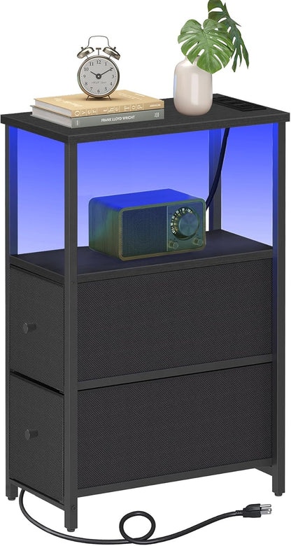 TUTOTAK Small Narrow LED End Table with Charging Station, Side Table Outlets, Nightstand with 2 Cloth Drawers, Couch Table, for Living Room, Bedroom, Bedside, Black TB01BK085L
