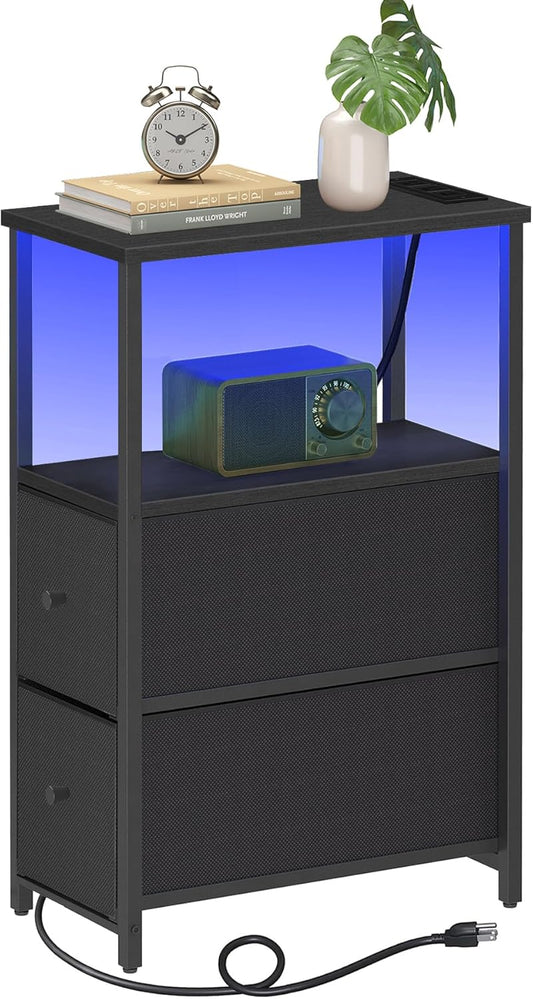 TUTOTAK Small Narrow LED End Table with Charging Station, Side Table Outlets, Nightstand with 2