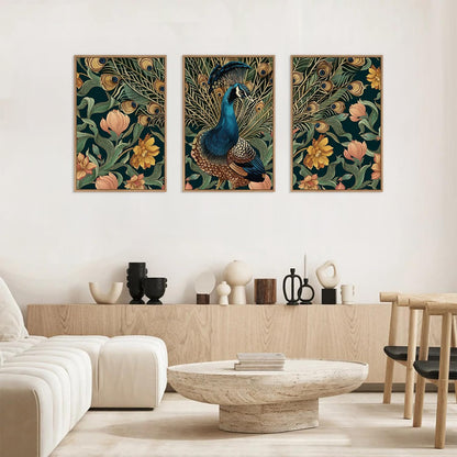 HLNIUC Peacock Framed Canvas Wall Art,Large Peacock Flower Wall Decor Set of 3(16”x24”)Modern Elegance Peacocks Floral Framed Painting,Vintage Beautiful Animal Feather Art Print for Living Room,Office