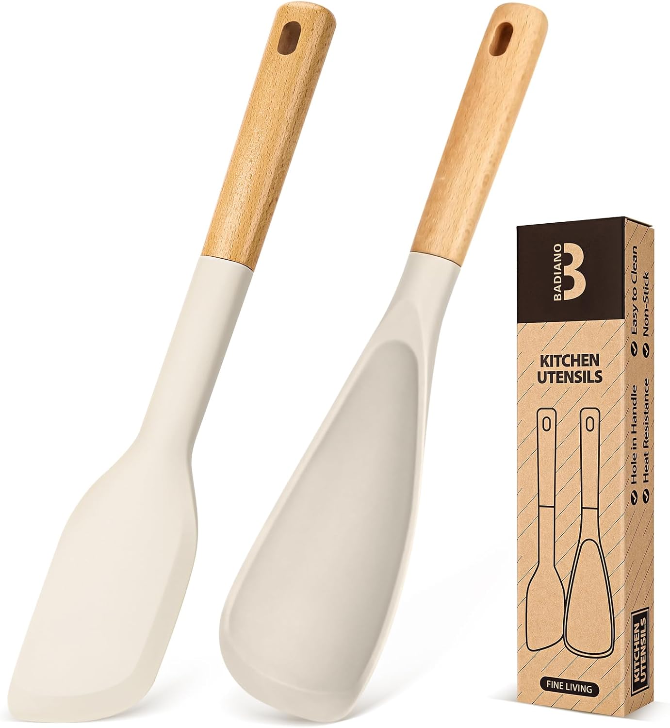 Cooking Spoon and Scraper for Nonstick Cookwares, Great for Cooking and Serving Durable BPA-Free Matte Silicone, Wood Handle Multifunction Spoon for Mixing, Scoop, and Scrape (KHAKI)