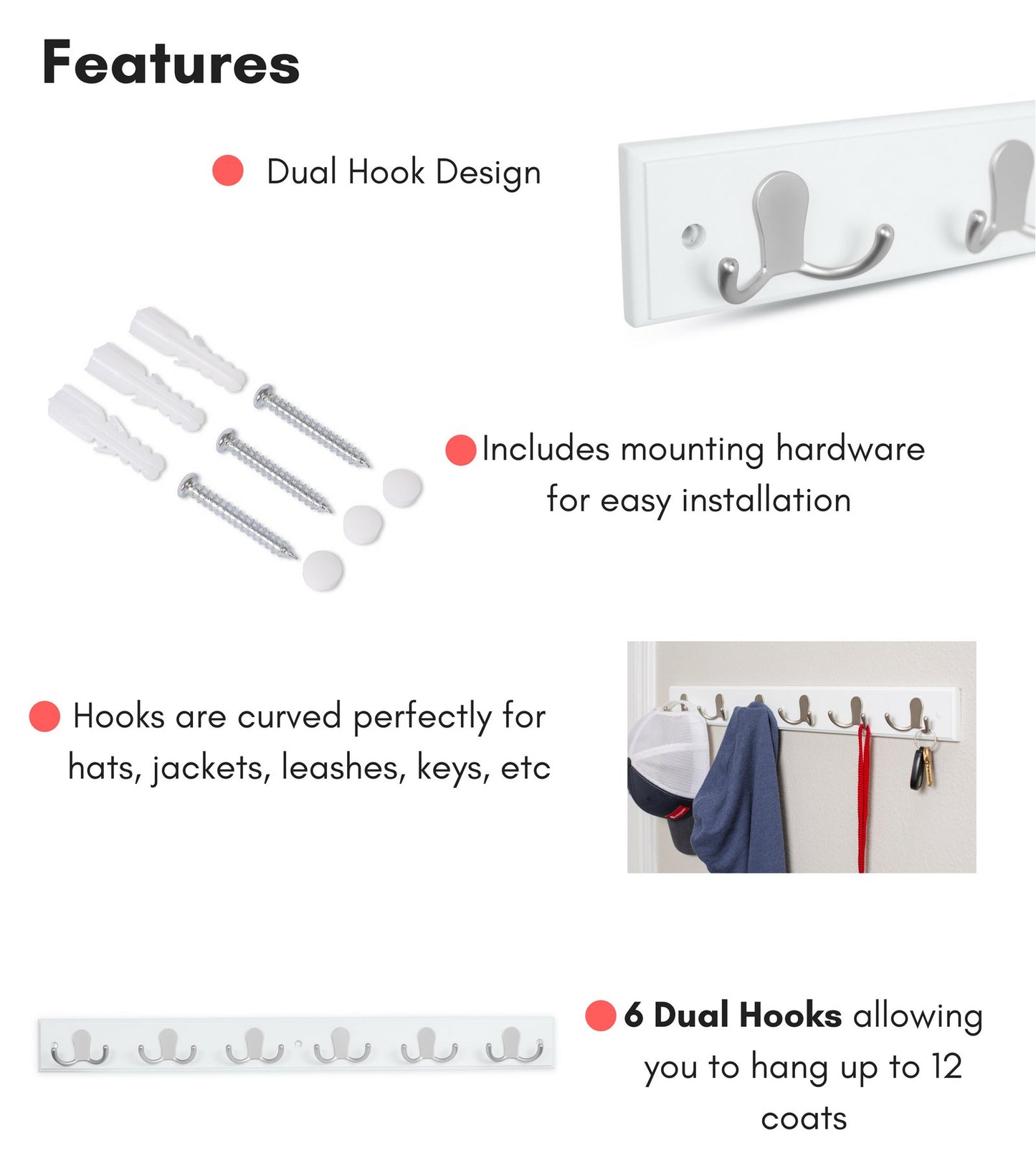 BIRDROCK HOME Dual Hook Coat and Hat Rack - 6 Dual Hooks - 27 Inches - Wall Mount - Decorative Home