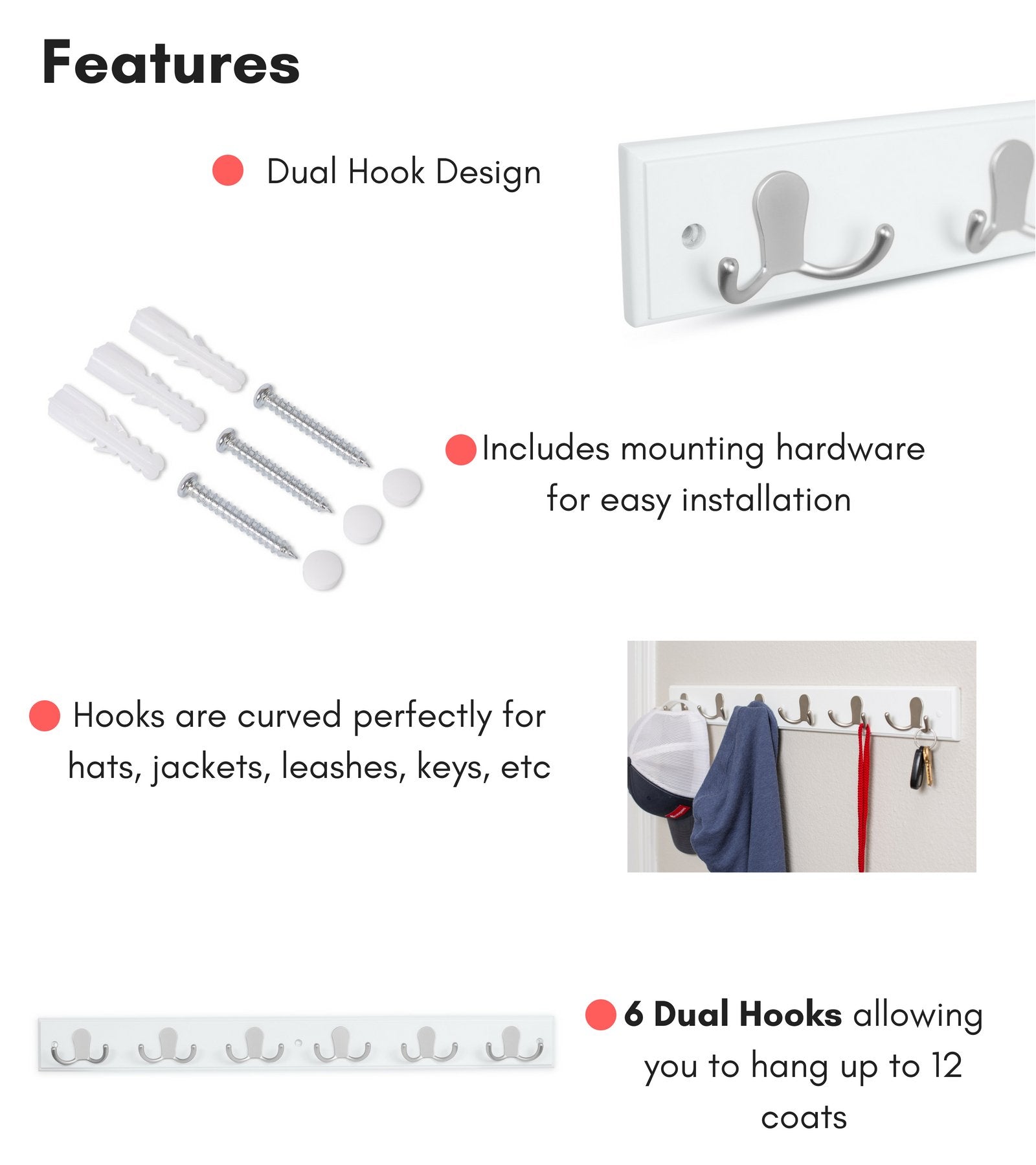 BIRDROCK HOME Dual Hook Coat and Hat Rack - 6 Dual Hooks - 27 Inches - Wall Mount - Decorative Home