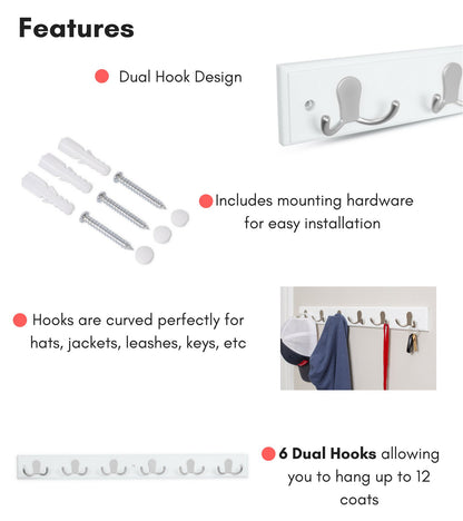 BIRDROCK HOME Dual Hook Coat and Hat Rack - 6 Dual Hooks - 27 Inches - Wall Mount - Decorative Home