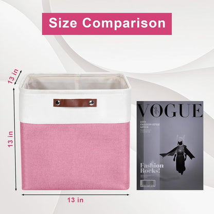13x13 Cube Storage Bins, Collapsible Fabric Storage Box, 4 Pack Closet Baskets with Handles for Organizing, Shelf, Toys, Clothes, Home, Office, Nursery (Pink&White)