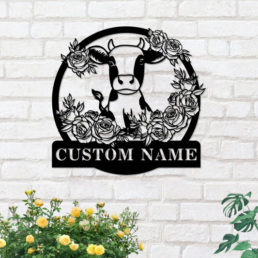 Custom Cow Metal Sign, Personalized Family Name Wall Art, Farm Customized Decor Gifts for Housewarming, Flower Plaque for Farmhouse Bedroom Outside Garden Yard Ranch