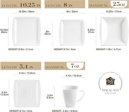MALACASA Plates and Bowls Sets, Square Dinnerware Sets for 6 (30pcs), Series Blance