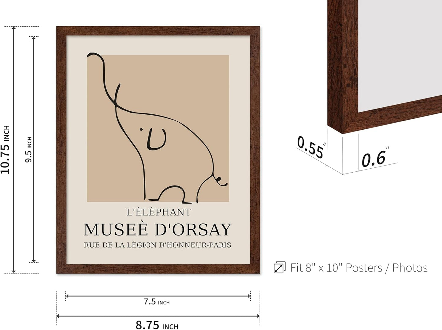 Poster Master Vintage Poster - Retro Minimalist Print - Gift for Artist, Housewarming - Elephant, Line Drawing, Sketch, Abstract - Wall Decor for Living Room, Bedroom, 11x14 Brown Framed