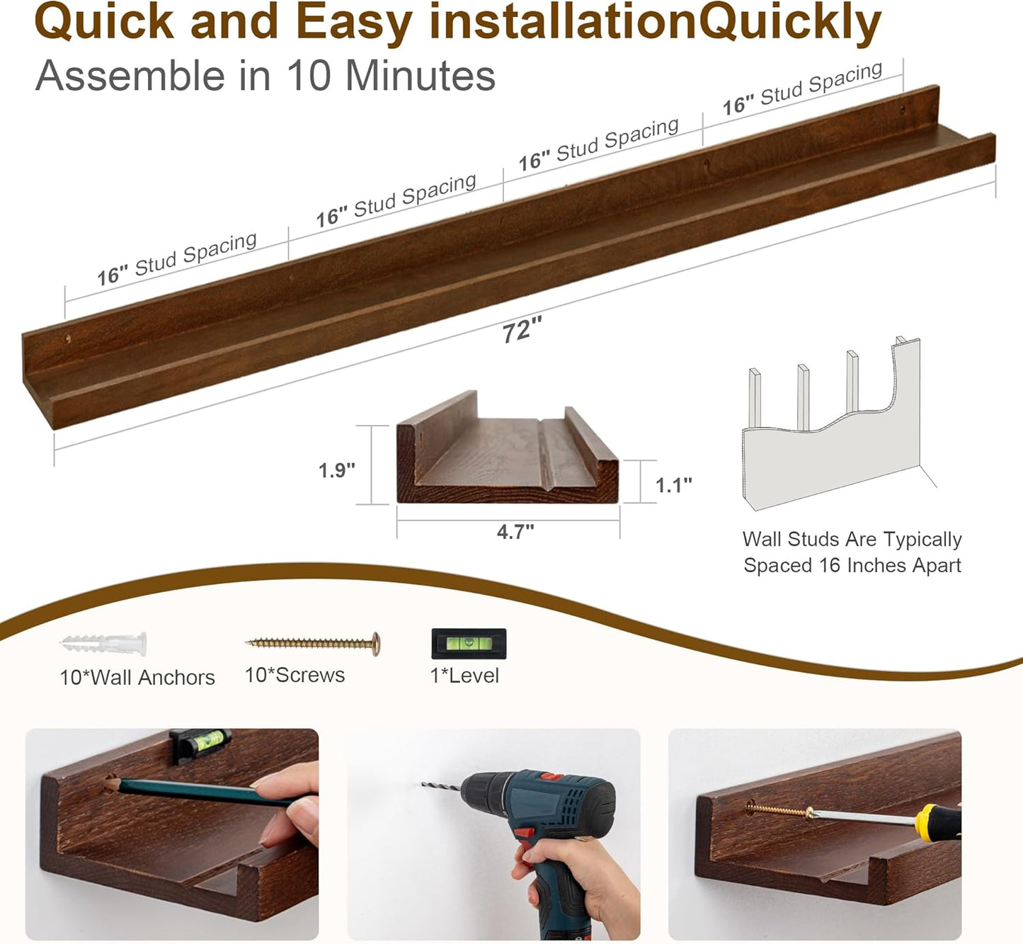 Floating Picture Ledge Shelves 72 Inch Solid Oak Wood Set of 2, Rustic Wall Storage Shelves with Lip, Kids Bookshelf, Photo & Picture Ledge Shelves for Bedroom, Living Room, Kitchen