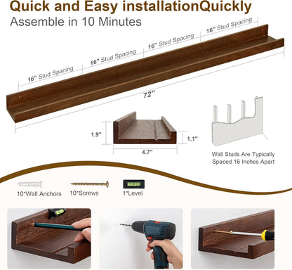 Floating Picture Ledge Shelves 72 Inch Solid Oak Wood Set of 2, Rustic Wall Storage Shelves with Lip, Kids Bookshelf, Photo & Picture Ledge Shelves for Bedroom, Living Room, Kitchen
