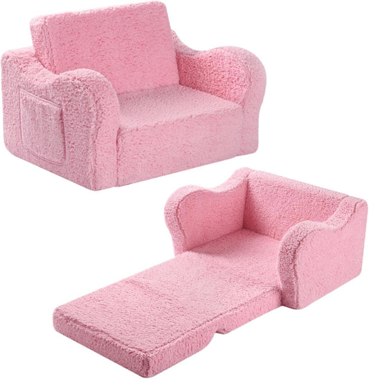Kids Chairs for Toddler, 2-in-1 Toddler Soft Sherpa Couch Fold Out, Convertible Sofa to Lounger for