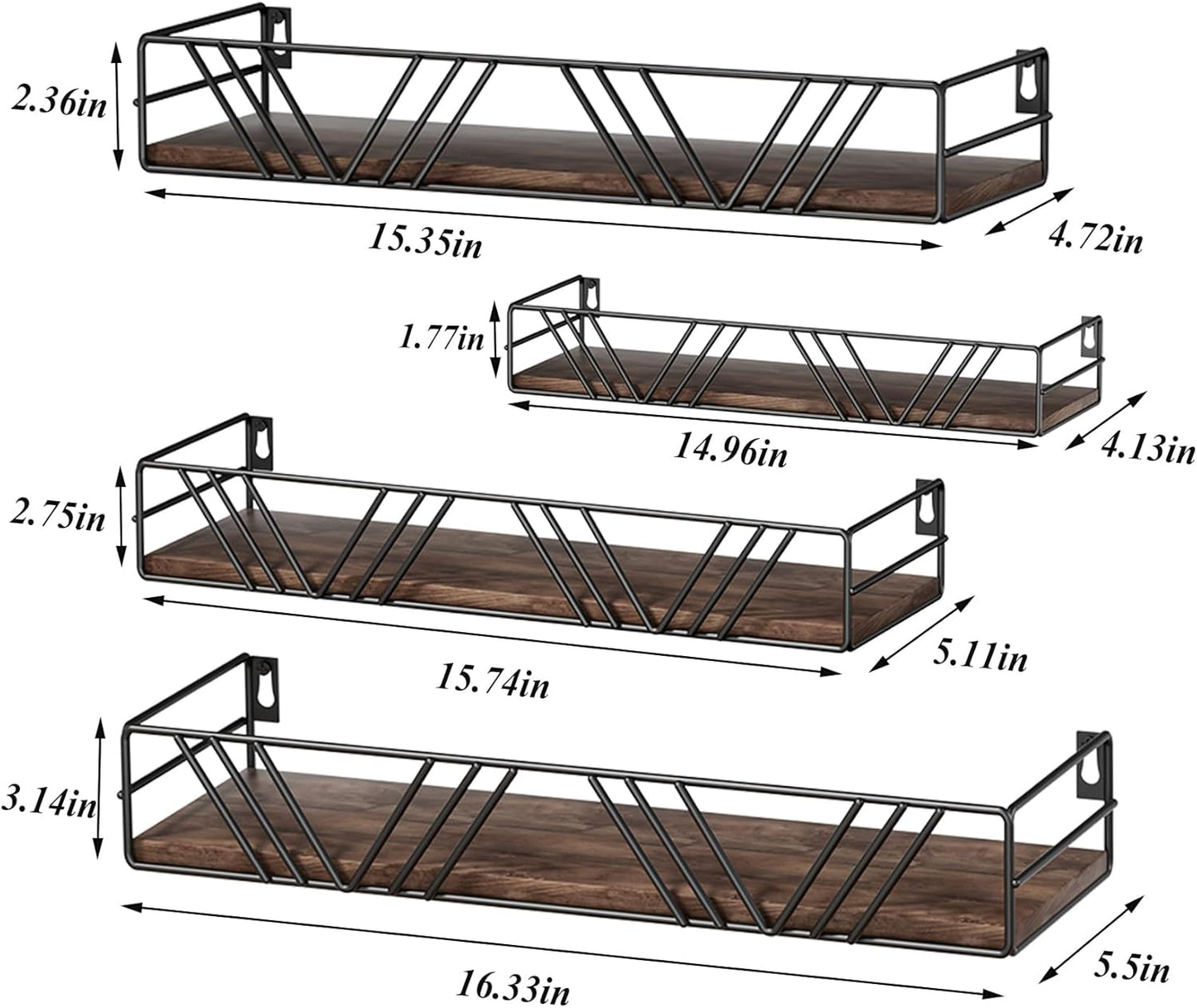 Floating Shelves for Wall Set of 4, Different Sizes Mounted Wood Floating Shelf, Wall Shelves for Living Room, Bedroom, Bathroom, Kitchen, Farmhouse Decor, Office