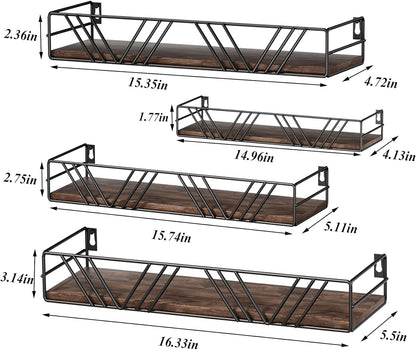 Floating Shelves for Wall Set of 4, Different Sizes Mounted Wood Floating Shelf, Wall Shelves for Living Room, Bedroom, Bathroom, Kitchen, Farmhouse Decor, Office