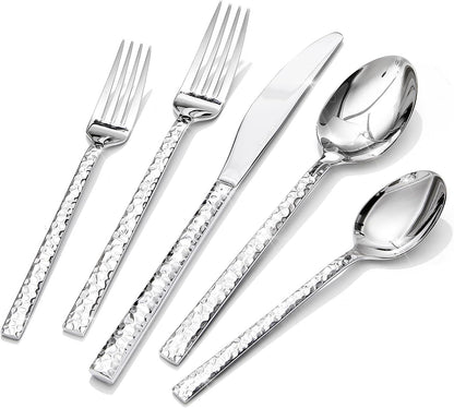 KINGSTONE 60 Piece Hammered Silverware Set, 18/10 Stainless Steel Flatware Set for 12, Cutlery Set for Home, Party, Wedding, Mirror Polished Dishwasher Safe