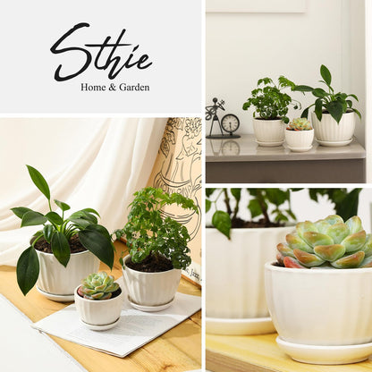 Ceramic Plant Pots with Drainage Holes and Saucers, Round White Flower Pots for Indoor Plant, Diameter 3.3/4.3/5.5 Inches Small Flower Planters Set of 3