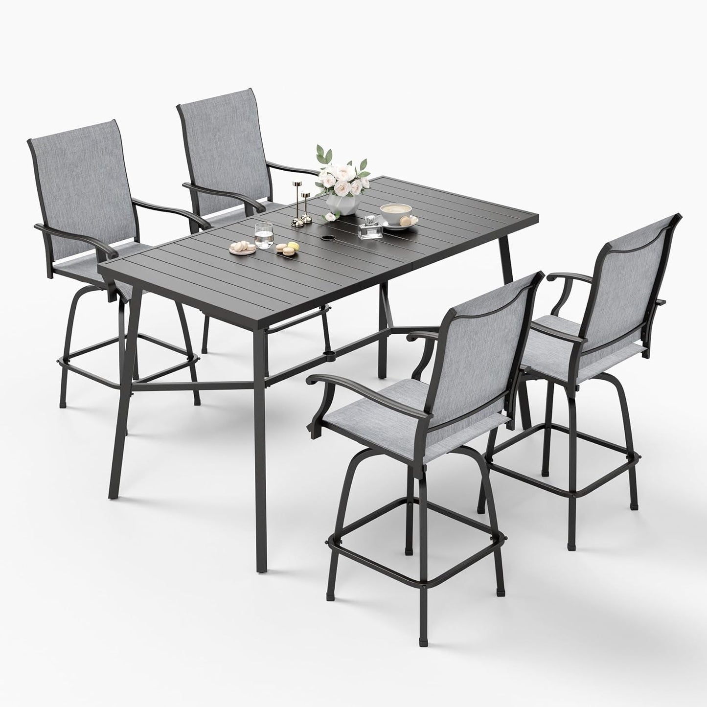 Sophia & William Outdoor Bar Set, Patio Bar Table and Chairs Set, Bar Height Patio Set - 4 x Swivel Bar Chairs(Grey), 1 x Rectangular Bar Table(Wood-Like)