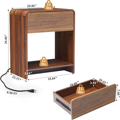 Fluted Nightstand Set of 2 with Charging Station, Modern Bed Side Table End Table with Drawer Storage, Large Wooden Night Stands Bedside for Bedroom Living Room Sofa Office, Walnut 2 Sets