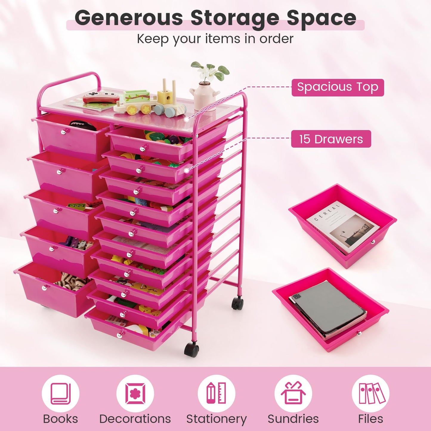 COSTWAY 15 Drawer Rolling Storage Cart, Mobile Utility Cart with Lockable Wheels, Drawers