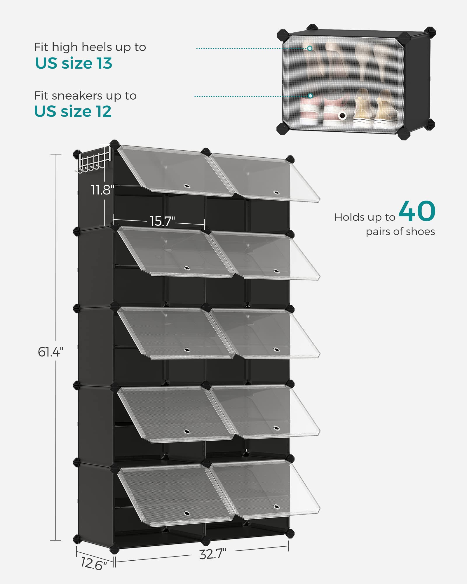 SONGMICS Shoe Rack, 10-Tier with Doors, 40-Pair Storage Cabinet