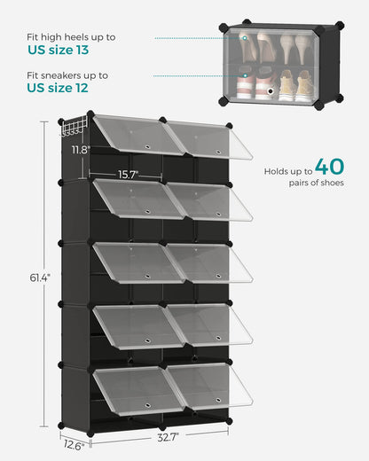 SONGMICS Shoe Rack, 10-Tier with Doors, 40-Pair Storage Cabinet