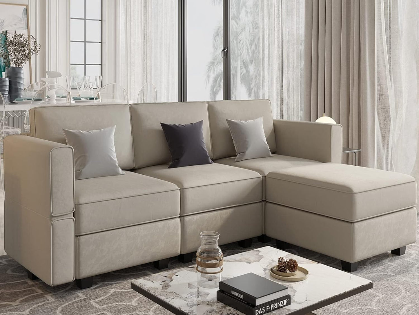Belffin Convertible Sectional Sofa with Chaise Velvet L Shaped Sofa Couch Modular Sectional Sofa with Storage Grey