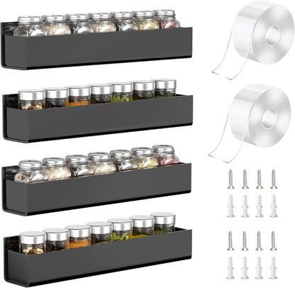PMMASTO Adhesive Acrylic Spice Rack Organizer for Wall with Nano Double Sided Tape, Spice Shelf Organization for Kitchen Cabinet Door/Pantry Door, Wall Mount Seasoning Rack (Black - 4 Pack)