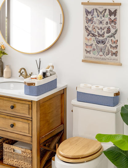 StorageWorks Narrow Storage Bins, Small Basket for Closet and Shelves, Fabric Organizer with Handles, Toilet Paper Storage, Blue and White, 2-Pack