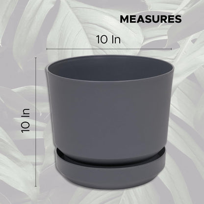 Elly Décor 10 inch Plastic Cylinder Planter Pot with Self-Watering Saucer and Drainage Hole,Lightweight & Extremely Durable, 10"x 10", Gray