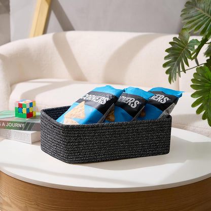 Large Shallow Organizing Baskets 15x11x5.1 Inches - Rope Woven Storage Bins for Bathroom, Shelves, Cube Closet, Mixed Black 2 Packs