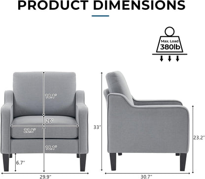 VINGLI Mid Century Modern Accent Chair, Light Grey Fabric Accent Chairs for Living Room Upholstered Armchair with Scooped Arms for Bedroom, Apartment, Studio, Office, Waiting Room