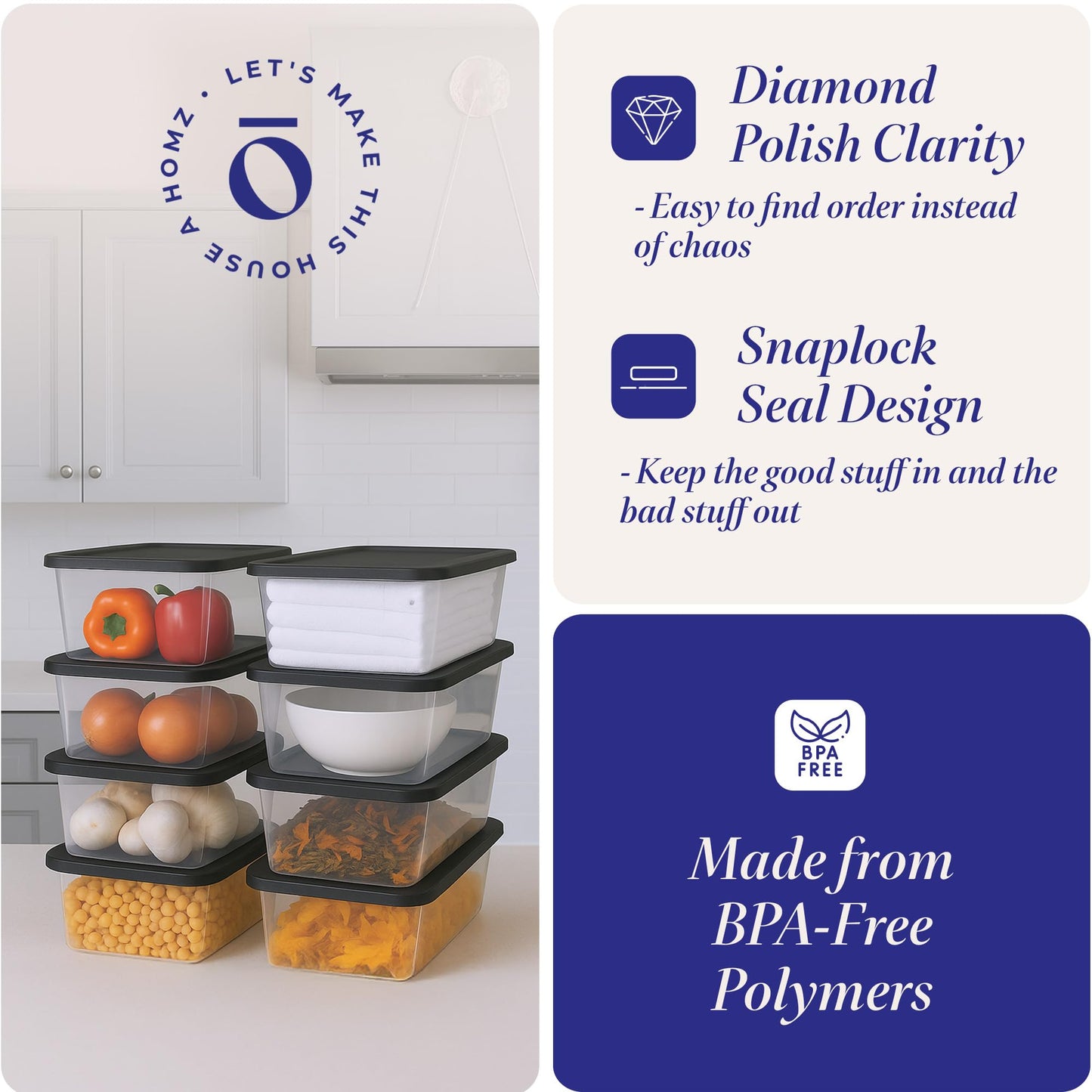 HOMZ 10-Pack Snaplock, Small Clear Plastic Storage Organizer Bins w/Lids, 6 Quart, Gray - Stackable