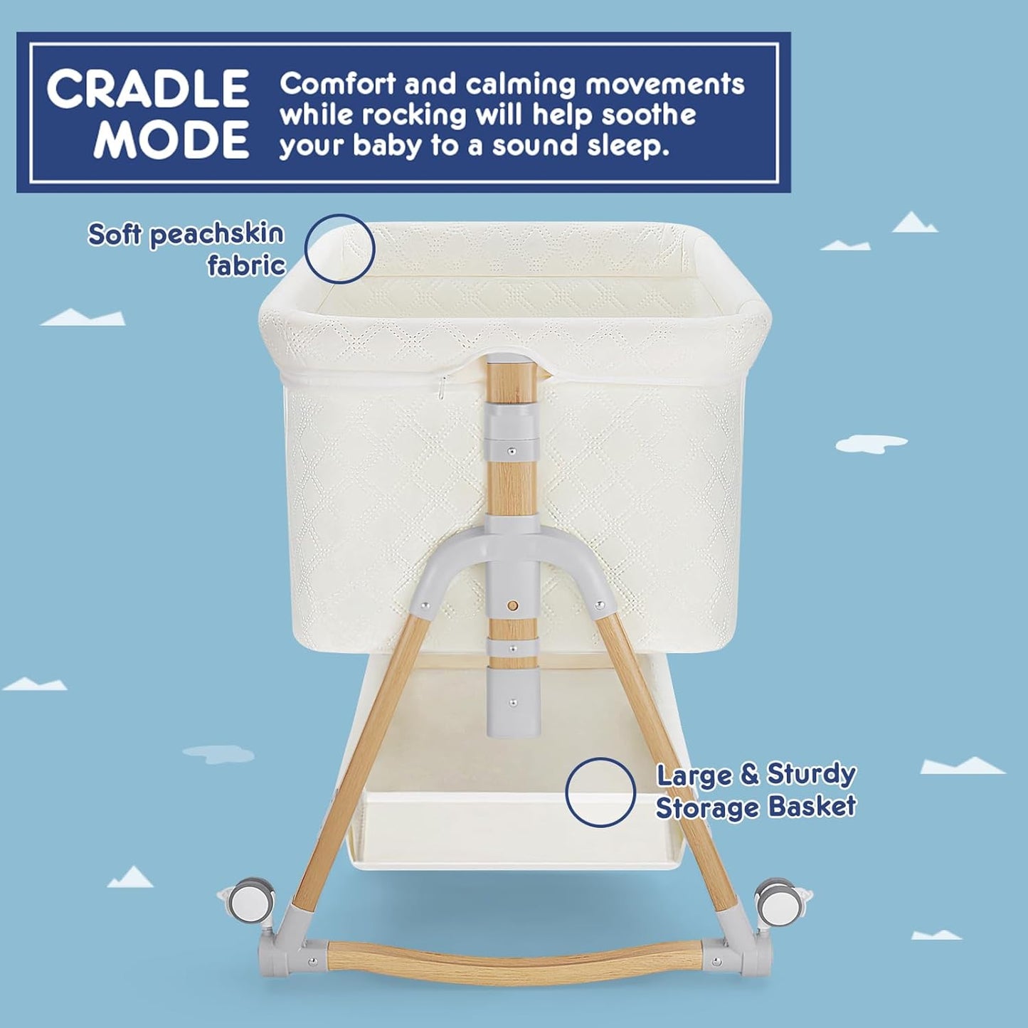 HARPPA Cuddly Bassinet, 3 in 1 Baby Bassinet Bedside Sleeper, Bedside Crib with Mattress and Wheels, Breathable Mesh, 5 Height Adjustable, Anchor Strap (Wood Grain, White)