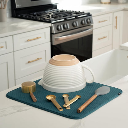 S&T INC. Dish Drying Mat, 16” x 18”, Absorbent Microfiber Kitchen Counter Mat, Dish Drying Pad for Dishes, Utensils, Pots and Pans, Large, Tapestry Blue