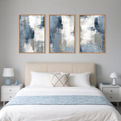 LHIUEM Large Abstract Brush Strokes Framed Canvas Wall Art Set,Navy Blue and Gray Wall Decor,Modern Color Block Shape Artwork,Minimalist Neutral Blue Printing for Living Room,Bedroom, Office-16''x24''x3