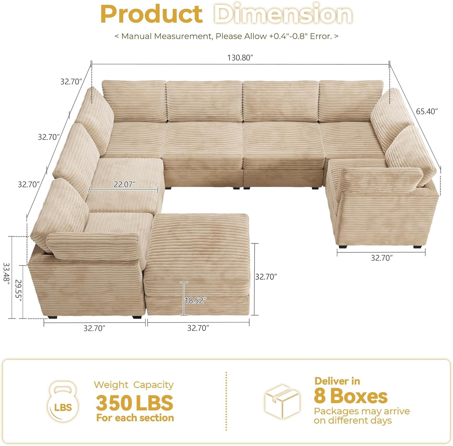 HOOOWOOO Modular Sectional Sofa,8 Pieces Sectional Couches for Living Room,131X98 G Shaped Cloud Couch with Ottoman Chaise Set(Beige Velvet Corduroy)