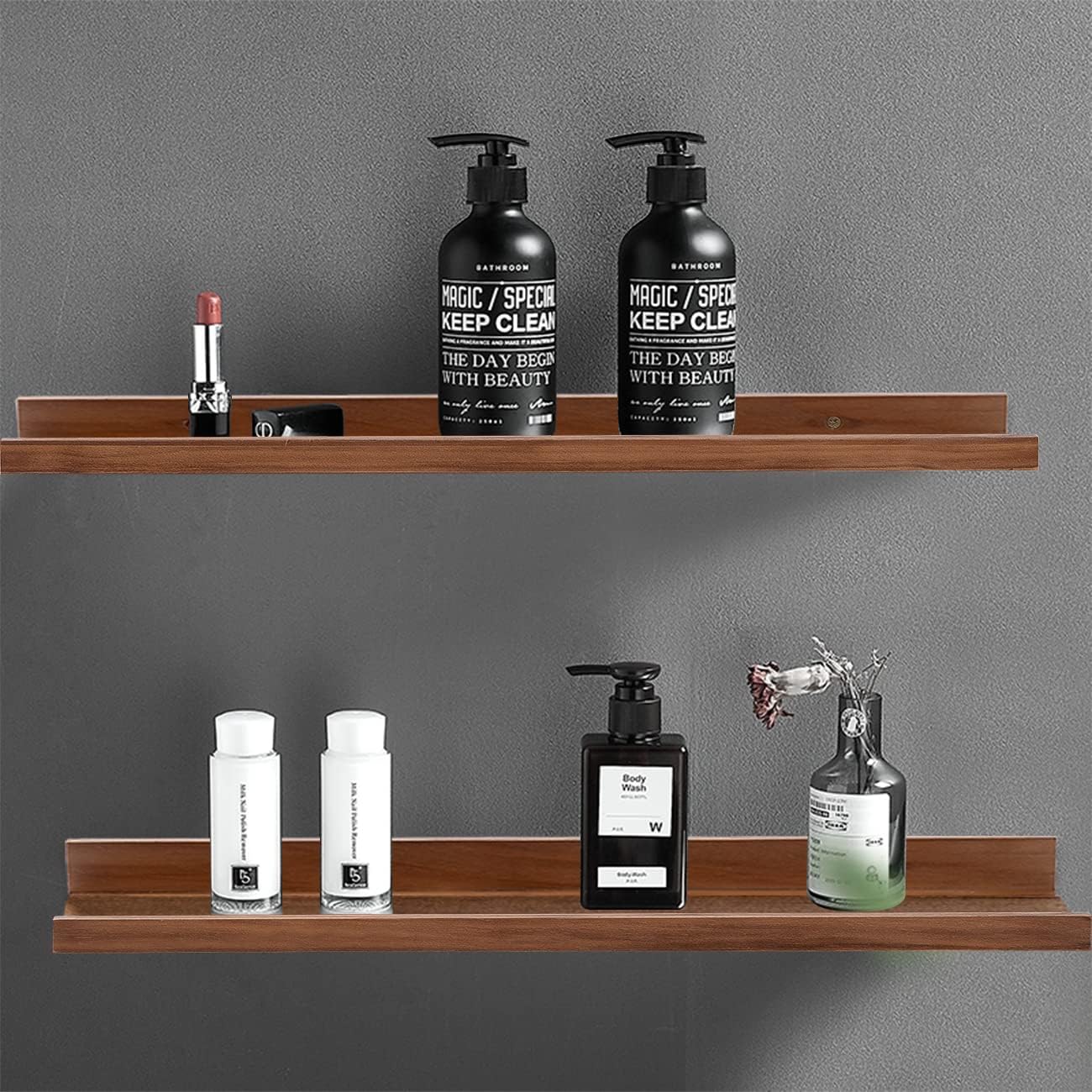 AZSKY Light Walnut Color Wood Wall Floating Shelves for Wall 36 Inch Bookshelf Wall Mount Picture Photo Frames Display Rack with Ledge Decorative Storage Shelves a Set of 2