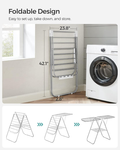 SONGMICS Clothes Drying Rack, with Sock Clips, Metal Laundry Rack, Foldable, Space-Saving, Free-Standing Airer, with 2 Height-Adjustable Gullwings, Indoor Outdoor Use, Silver and White ULLR052W01
