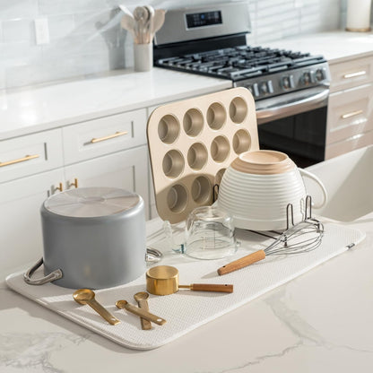 S&T INC. Dish Drying Mat Jumbo, 18” x 30”, Absorbent Microfiber Kitchen Counter Mat, Dish Drying Pad for Dishes, Utensils, Pots and Pans, Jumbo, Cream