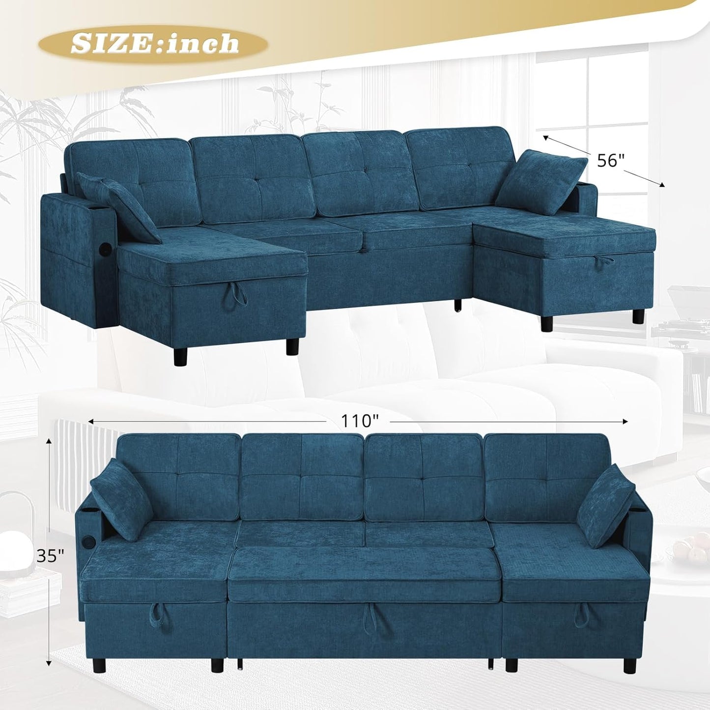 110 Inches Chenille Sectional Sofa w/Pull Out Sofa Bed & Adjustable Back, Tufted U Shaped Couch w/Two Storage Chaises, Sleeper Sectional Sofa w/USB Port & Cup Holders for Living Room, Blue