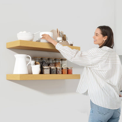 Heimlove 36 Inch Floating Shelves for Wall,10 Inch Deep Wood Shelves with Invisible Brackets,Wall Mounted Storage & Display Shelves for Bedroom,Living Room,Kitchen,Office,Oak Color