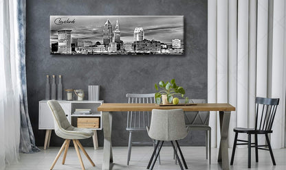 Cleveland Skyline Decor Wall Art Canvas Prints Black and White Night View USA Cityscape Panoramic Painting for Bedroom Office Framed and Ready to Hang 13.8"x47.3"