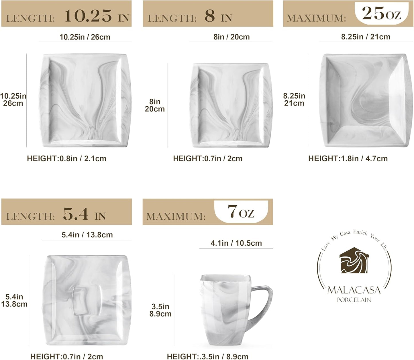 MALACASA Dinnerware Sets, 30 Piece Porcelain Plates and Bowls Sets for 6, Square Dish Set with Dinner Plates Set, Cup and Saucer, Modern Dishware Dishes Microwave Safe, Marble Grey, Series Blance