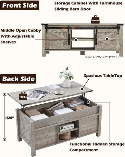 OKD 48" Farmhouse Lift Top Coffee Table with Sliding Barn Door, Rustic Center Table w/Hidden Storage Compartment, Lift Tabletop Dining Table w/Adjustable Shelf for Living Room,Light Rustic Oak