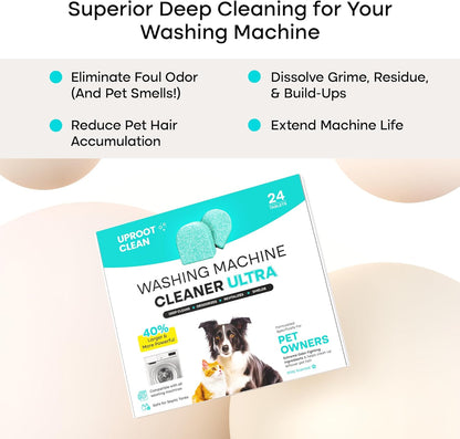 Uproot Clean Washing Machine Cleaner Tablets Ultra - 40% Stronger Formula: Designed for Pet Owners, Remove Residue, Grime & Odors, Compatible with HE, Top & Front Load, 24 Pack - 12 Month Supply