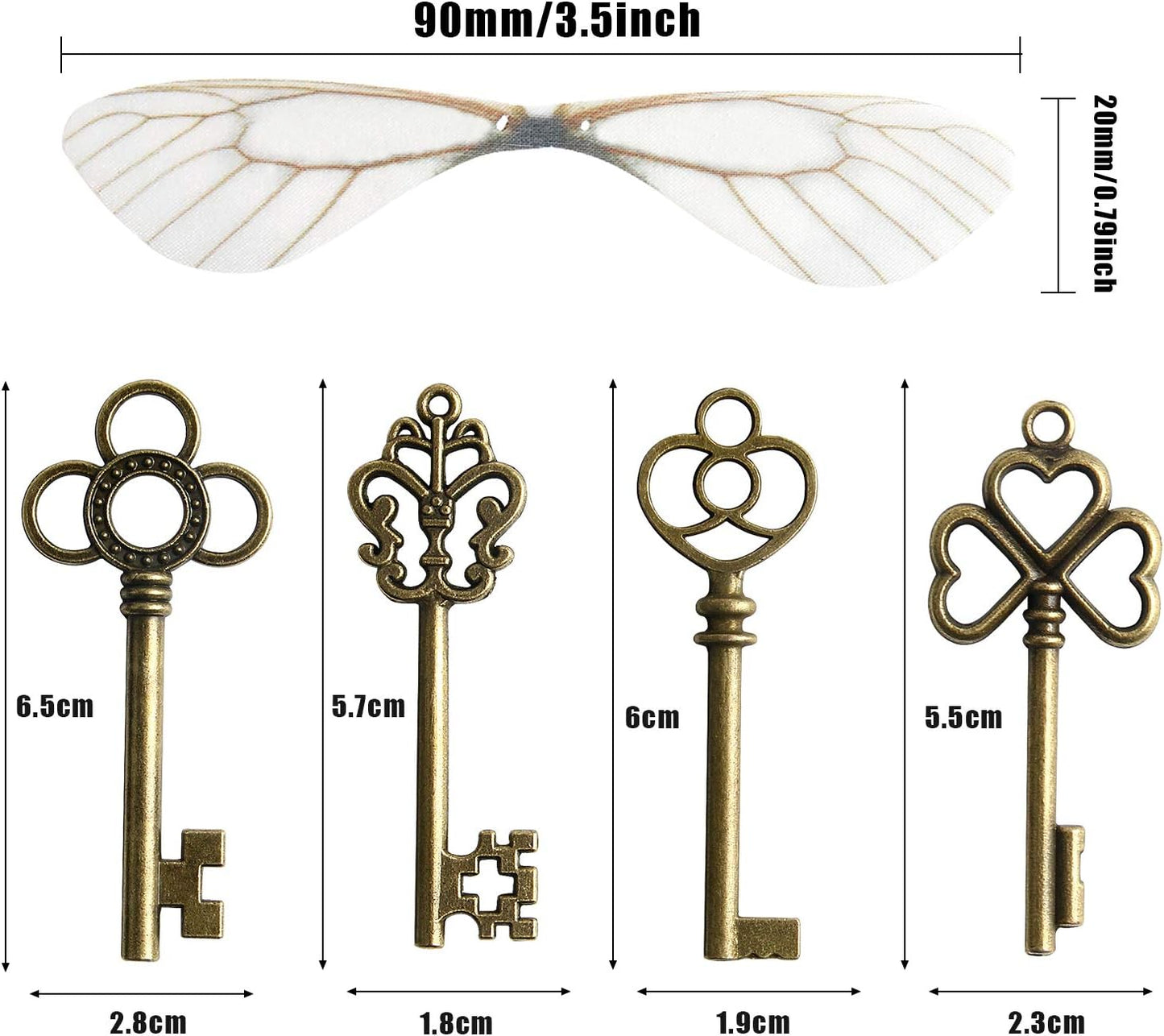 SANNIX 30 PCS Vintage Skeleton Keys Flying Keys with 30 Pairs Dragonfly Wings and 30 Yards Elastic String for Party Decorations